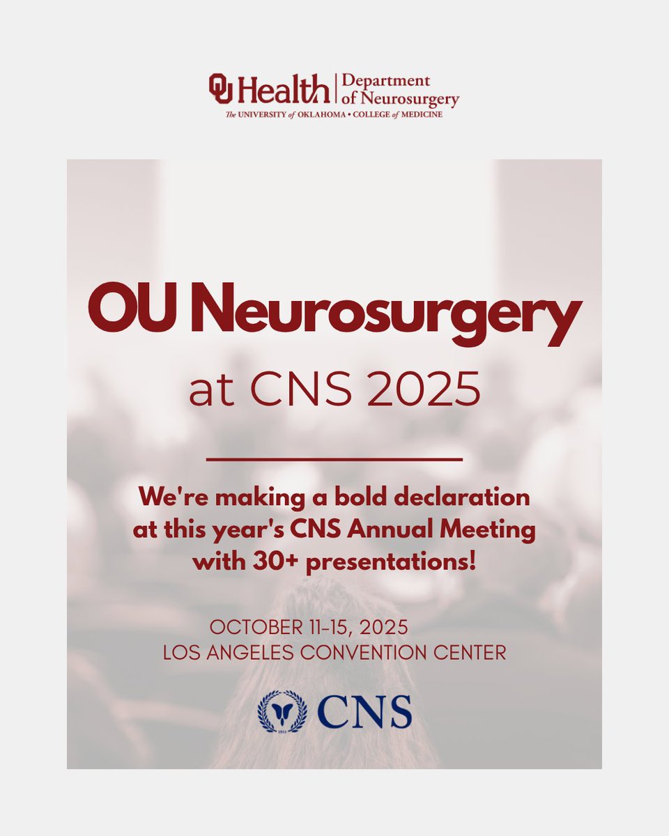 OU_Neurosurgery's tweet image. The OU Neurosurgery team is making a major impact at @cns_update with 30+ presentations across cerebrovascular, spine, functional, &amp;amp; pediatric neurosurgery. 

📲 Link below for full program details.

#CNS2025 #Neurosurgery #CVSection cns.org/annualmeeting/…