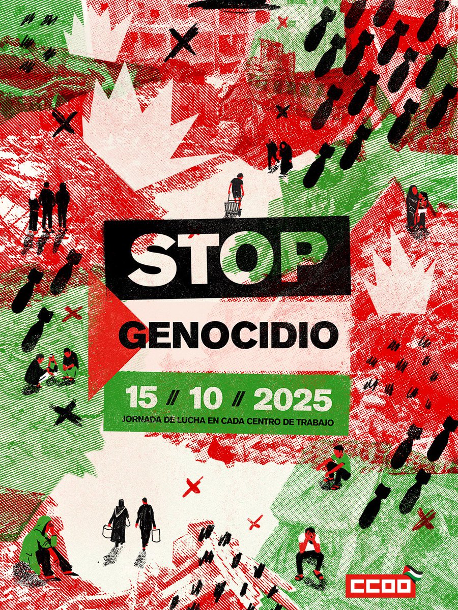 ESTE MIÉRCOLES 15 DE OCTUBRE:

10:00H A 10:15H CONCENTRACIONES de 15 minutos DELANTE DE LOS CENTROS DE TRABAJO

10:00H a 12:00H convocatoria HUELGA DE DOS HORAS CONTRA EL GENOCIDIO EN PALESTINA