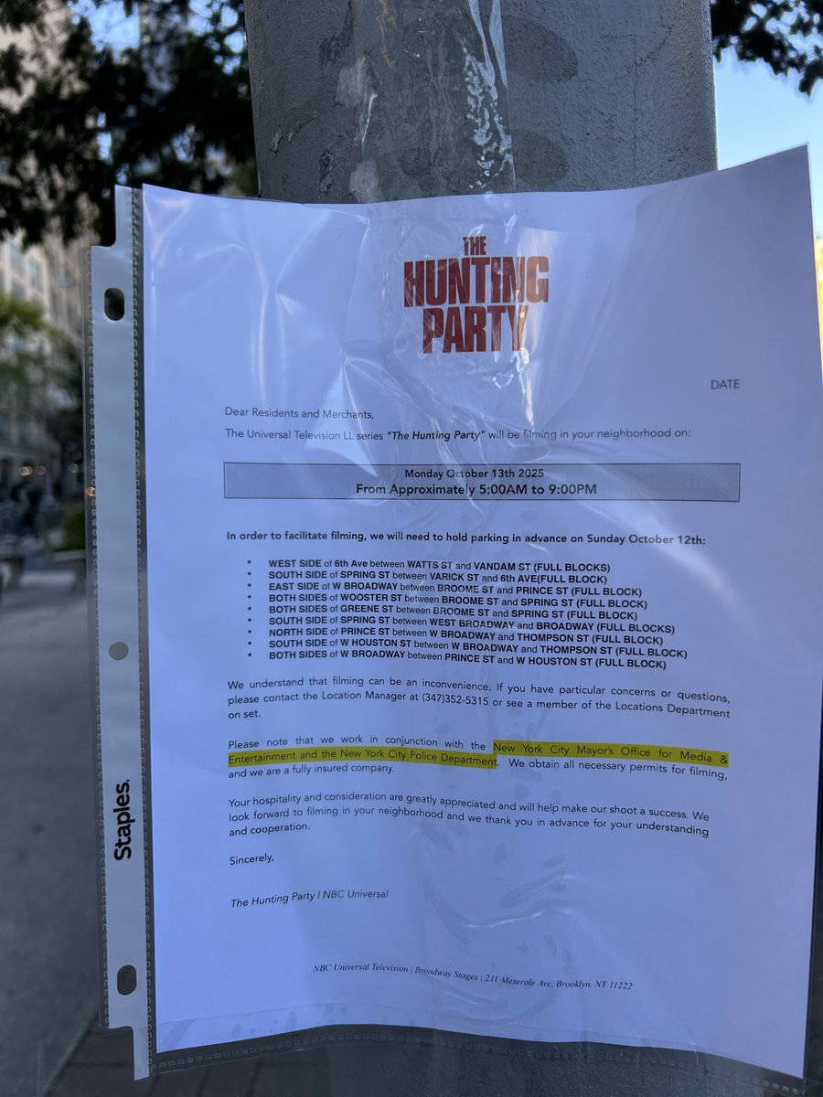 “The Hunting Party” will be filming tomorrow around 6th Ave. and Spring St. cc <a href="/olv/">olv</a>