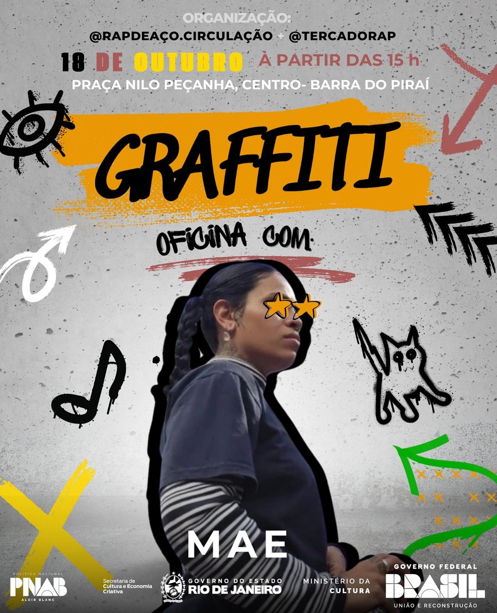 tercadorap's tweet photo. 🎨💜 ARTE, FORÇA E REPRESENTATIVIDADE 💜🎨

Na Terça do Rap + Rap de Aço, quem comanda a oficina de graffiti é a talentosa MAE, mostrando que as mulheres também marcam os muros e fazem história na cultura de rua 🔥✨

Se liga:
📅 Dia 18/10
🖌️ Oficina aberta pra geral https://t.co/MPG1mpiPDP