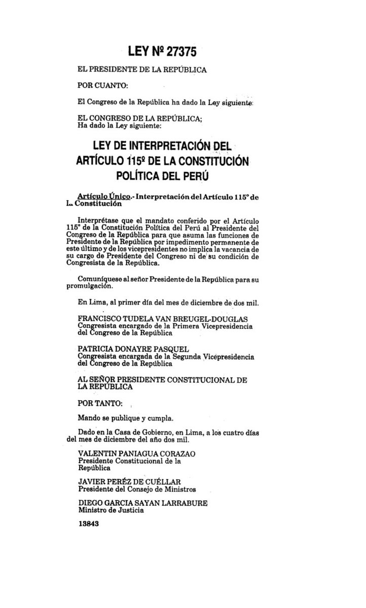 “el mandato conferido por el artículo 115 de la Constitución al Pdte del Congreso de la República para que asuma las funciones de Presidente de la República (…) no implica la vacancia de su cargo de Presidente del Congreso ni de su condición de Congresista de la República”