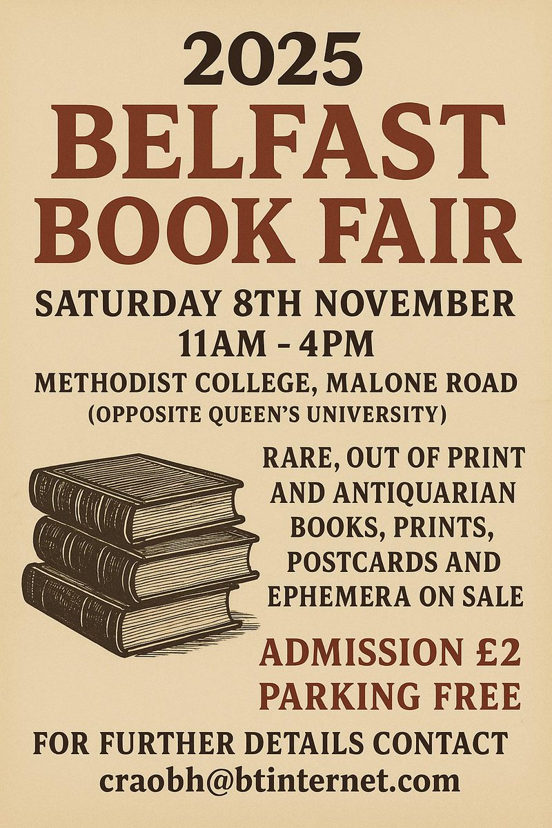 LocalUlster's tweet image. 41st annual Belfast Book Fair 11.00-4.00, 8 November Methodist College.
