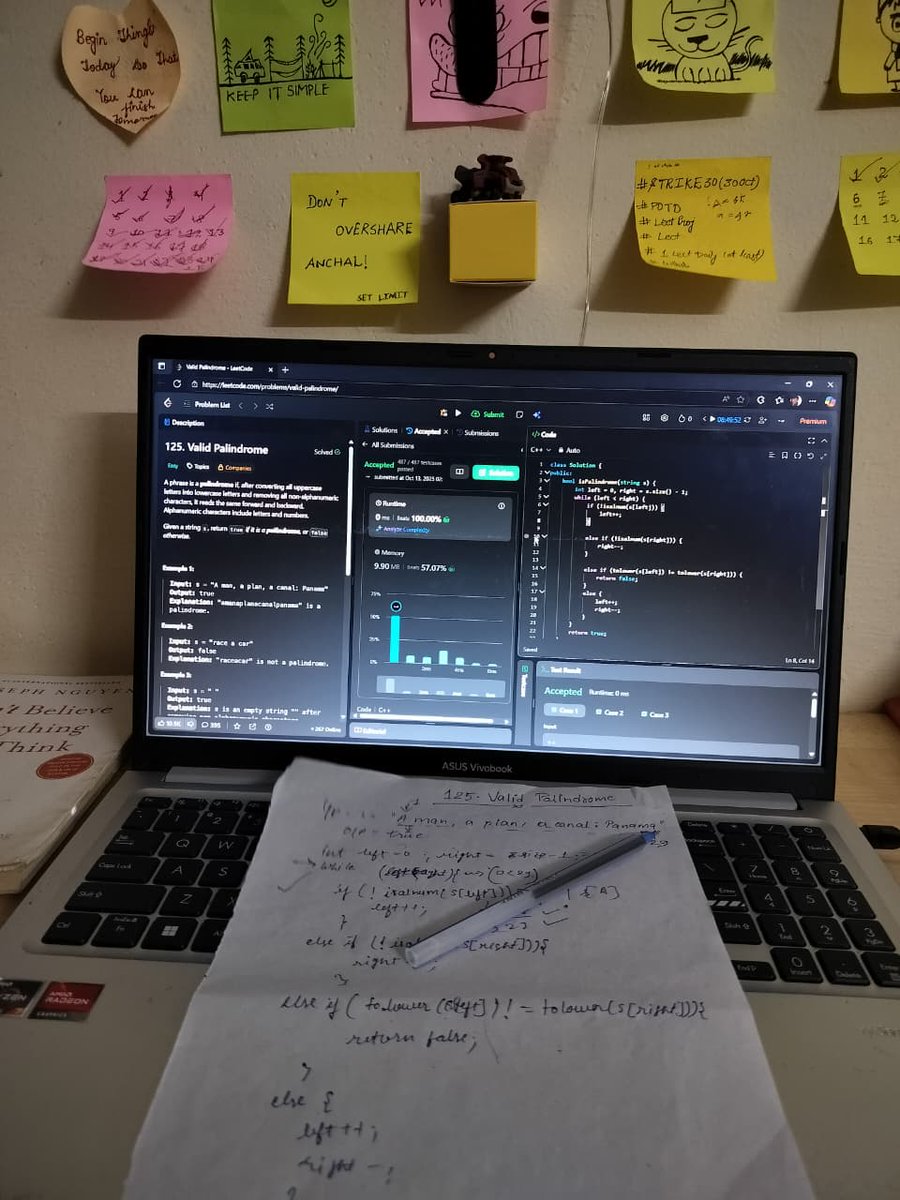 AnchalGupta009's tweet image. Day 21: Valid Palindrome 🔁
Approach: Two pointers + clean checks ✅
Skip non-alphanumeric, compare both ends simple yet sharp ⚡
Just like code, life feels better when you remove the extra characters ✨
#LeetCode #CPP #CodingLife #Developer