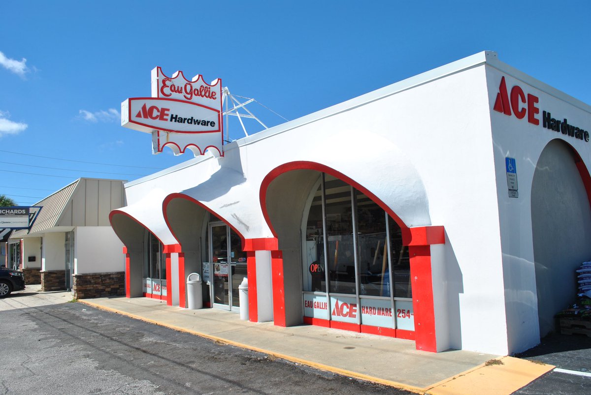 Mid Century Modern Ace Hardware 590 West Eau Gallie Blvd, Melbourne Florida. Hasn’t changed much since I was a kid other than becoming a ACE hardware, it used to be Eau Gallie Hardware. We used to stop at get fishing tackle, rigs, hooks, sinkers on our way down the hill when we