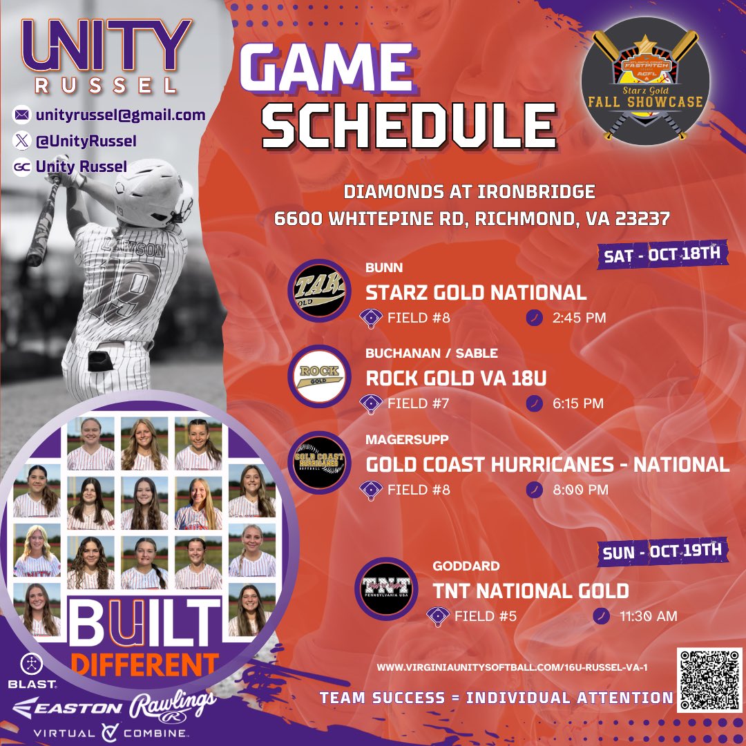 Back on the 🥎 diamond Oct 18&amp;19 in Richmond VA for the <a href="/thealliancefp/">The Alliance Fastpitch</a> Starz Gold Fall Showcase. Great group of games &amp; competitors. Let’s get after it &amp; seize the opportUnity!!! 
#UnityStrong #RaiseTheStandard
<a href="/VAUnitySB/">Unity Softball</a> <a href="/UnityCoachJosh/">Josh Johnson</a> <a href="/ExtraInningSB/">EXTRA INNING SOFTBALL</a> <a href="/los_stuff/">Carlos Arias</a> <a href="/LineDsoftball/">Line Drive Media</a>