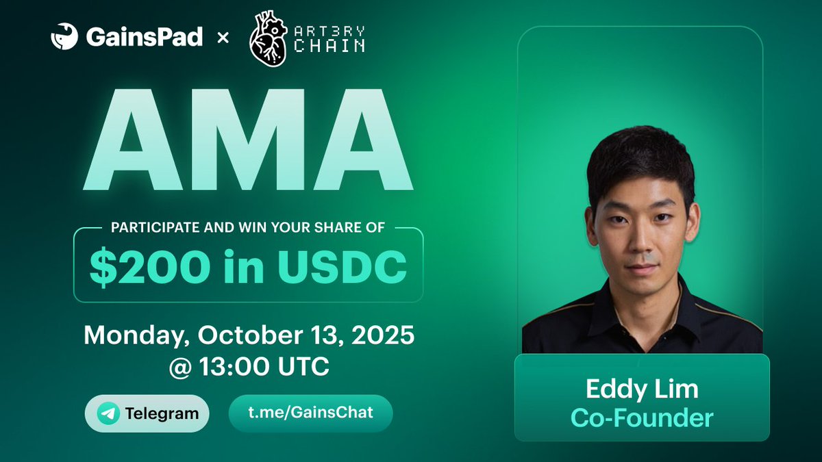 💬 AMA with Artery Chain

⭐️ Featuring Co-Founder Eddy Lim

🏆 $200 USDC in prizes!
Participants must follow <a href="/Artery_Chain/">Artery Chain</a> before the event for a chance to win

🗓 Monday, October 13
📍 t.me/GainsChat
⏰ 13:00 UTC = 15:00 CET

Ask your questions in the comments 💬