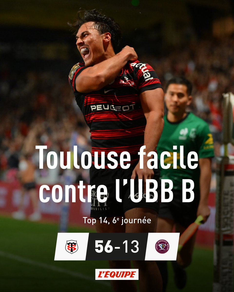 lequipe's tweet image. Dans une rencontre à sens unique et après notamment une première période de folie, le Stade Toulousain a atomisé l'Union Bordeaux-Bègles (56-13). l.lequipe.fr/OGa