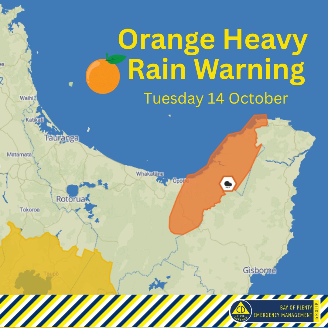 New week, new weather warning for our pals put East.
<a href="/MetService/">MetService NZ</a> have just issued an Orange Heavy Rain Warning for the eastern ranges of Bay of Plenty. This is in place for a period of 16 hours, from 1am - 5pm tomorrow, Tuesday 14 October.