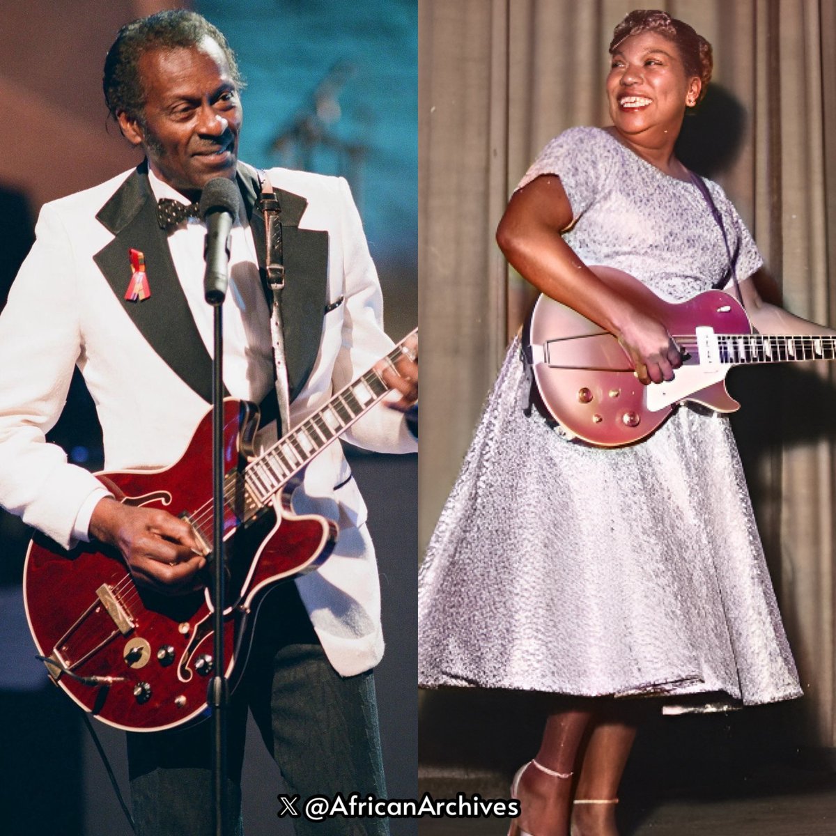 AfricanArchives's tweet image. Godfather and godmother of Rock N’ Roll, Chuck Berry and Sister Rosetta Tharpe. 

Chuck Berry once said his entire career was &quot;one long Sister Rosetta Tharpe impersonation.&quot;