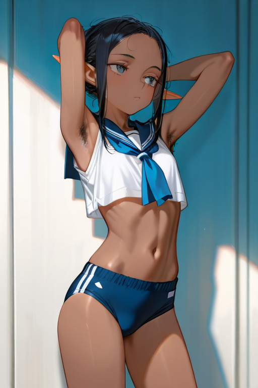Blue_Lacan's tweet image. #stablediffusion #AIイラスト #ダークエルフ #脇毛 #腋毛 
 おはよ、あたしたちダークエルフは夜型だからこれから寝るの。おやすみ。