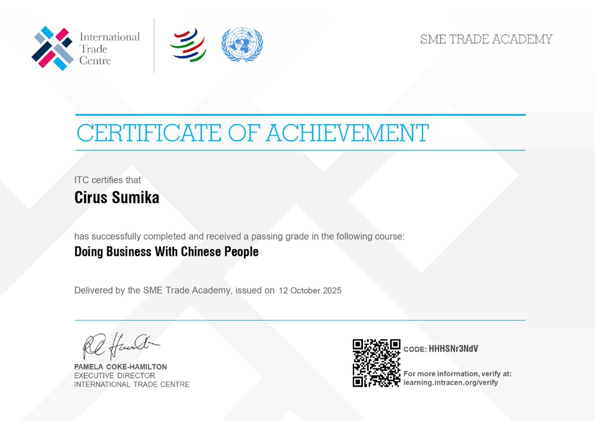 Cirus Sumika ~ Mr. Sumic (@mrsumic) on Twitter photo 1/3
Thrilled to share that I’ve successfully completed the “Doing Business With Chinese People” course, delivered by the International Trade Centre (<a href="/ITCnews/">International Trade Centre (ITC)</a>), a joint agency of the United Nations & WTO. 🎓
Via: <a href="/SMEtradeacademy/">SME Trade Academy</a>
#ITC #SMETradeAcademy #SumicITSolutionsLtd 1/3
Thrilled to share that I’ve successfully completed the “Doing Business With Chinese People” course, delivered by the International Trade Centre (<a href="/ITCnews/">International Trade Centre (ITC)</a>), a joint agency of the United Nations & WTO. 🎓
Via: <a href="/SMEtradeacademy/">SME Trade Academy</a>
#ITC #SMETradeAcademy #SumicITSolutionsLtd