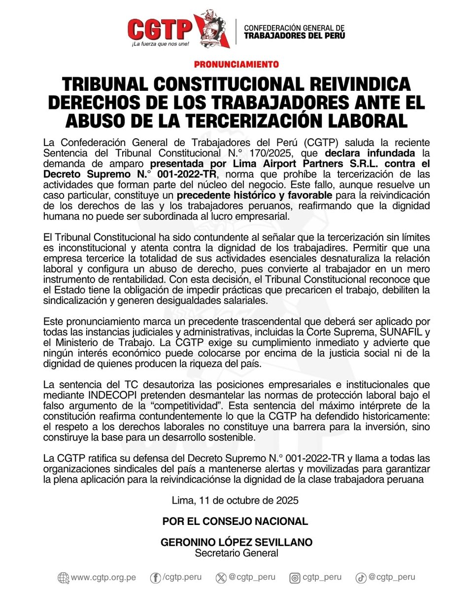 La CGTP exige su cumplimiento inmediato y llama a las organizaciones sindicales a mantenerse alertas y movilizadas para garantizar su aplicación.