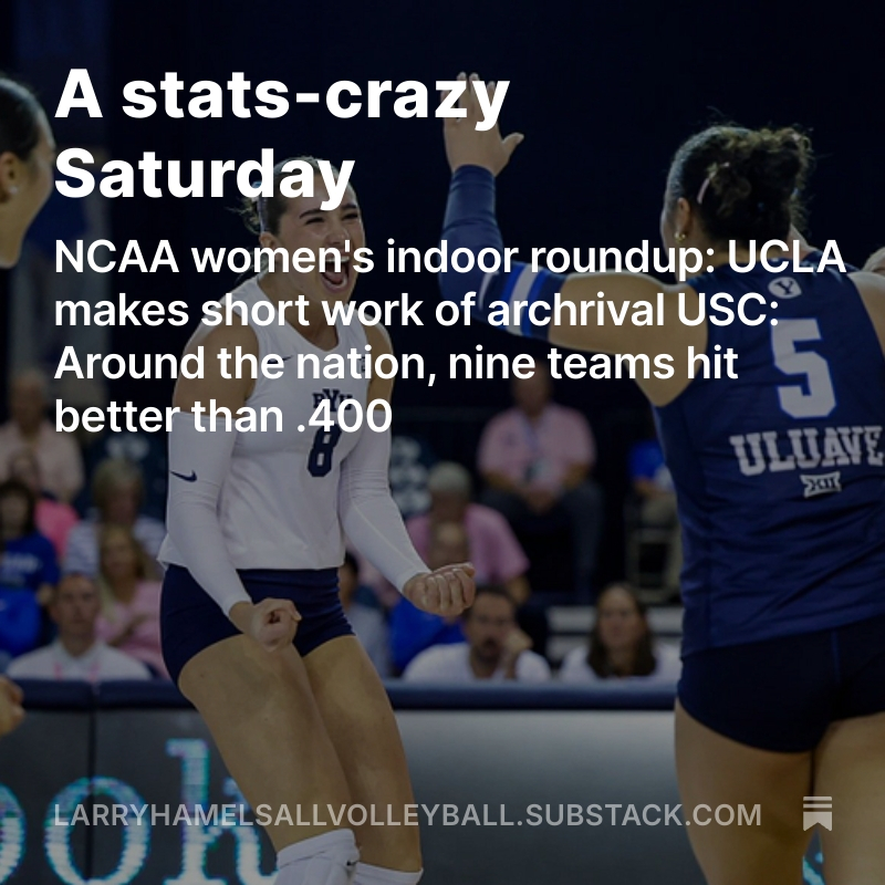 Lee Feinswog’s NCAA roundup of Saturday’s matches contains all the stats that are fit to print. The recap package is presented by All Volleyball! in collaboration with the 900 Square Feet newsletter. Click on the link below: <a href="/900squarefeet/">900 Square Feet</a> 
open.substack.com/pub/larryhamel…