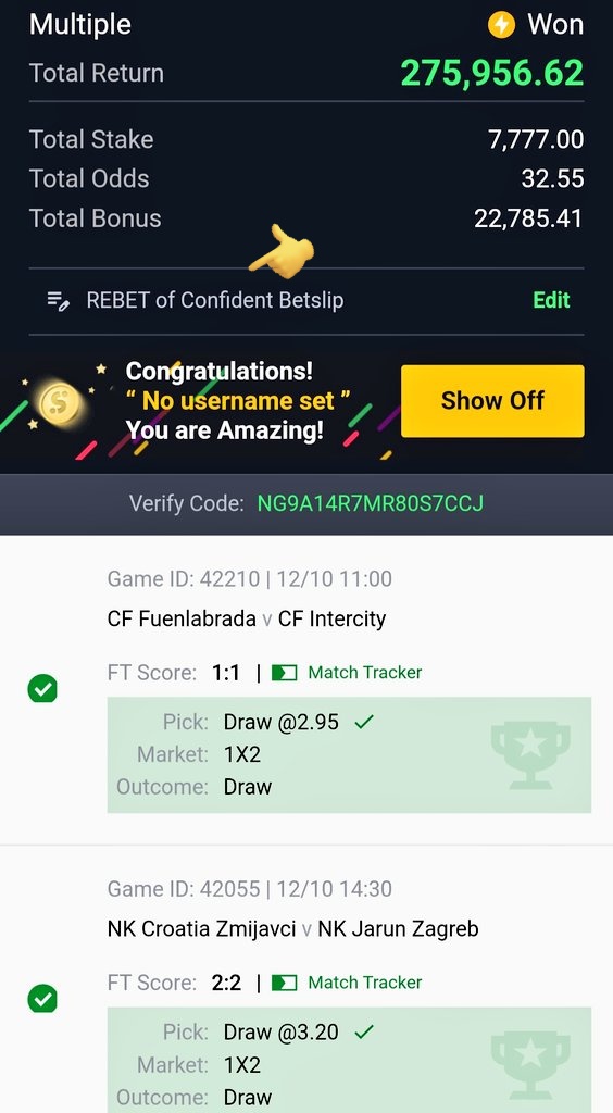 Remember I said 👇 I feel this betslip go win. It had Cut 2 but REBET WON