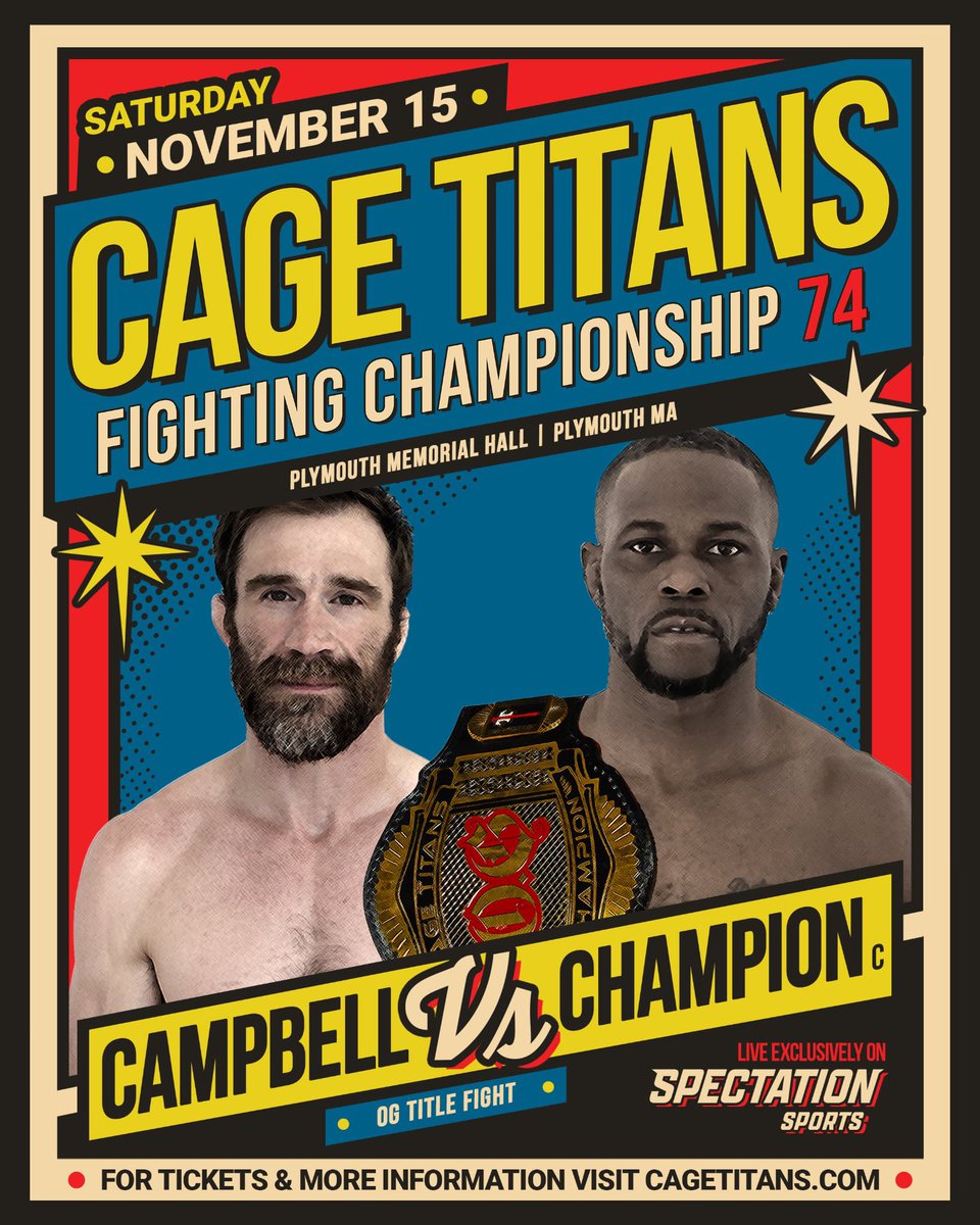 CageTitans's tweet photo. We’re Just Getting Started 👊💥 

CAGE TITANS FC 74

📅 Nov 15 | 📍 Plymouth Memorial Hall
🎟️ Tickets: https://t.co/IxhJyhGHYC
📺 Watch Live: @SpectationNet 

#WeAreCageTitans | #CTFC74 https://t.co/kSqXoqQjgu