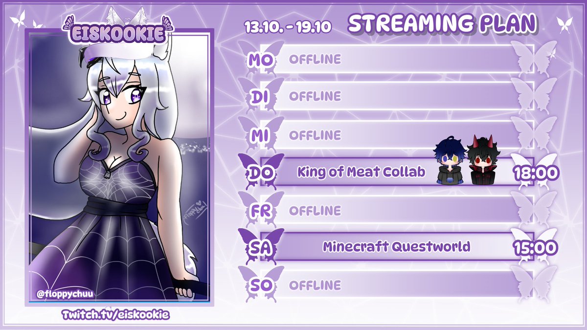 Neuer Streamplaniiii 💜 
DO: King Of Meat mit <a href="/Diamanttwitch/">Diamant_HD</a>  <a href="/KekuroKyo/">KekuroKyo</a>  
SA: Bin ich in einer Mindecraft Qestworld unterwegs :3
#GERVtuber