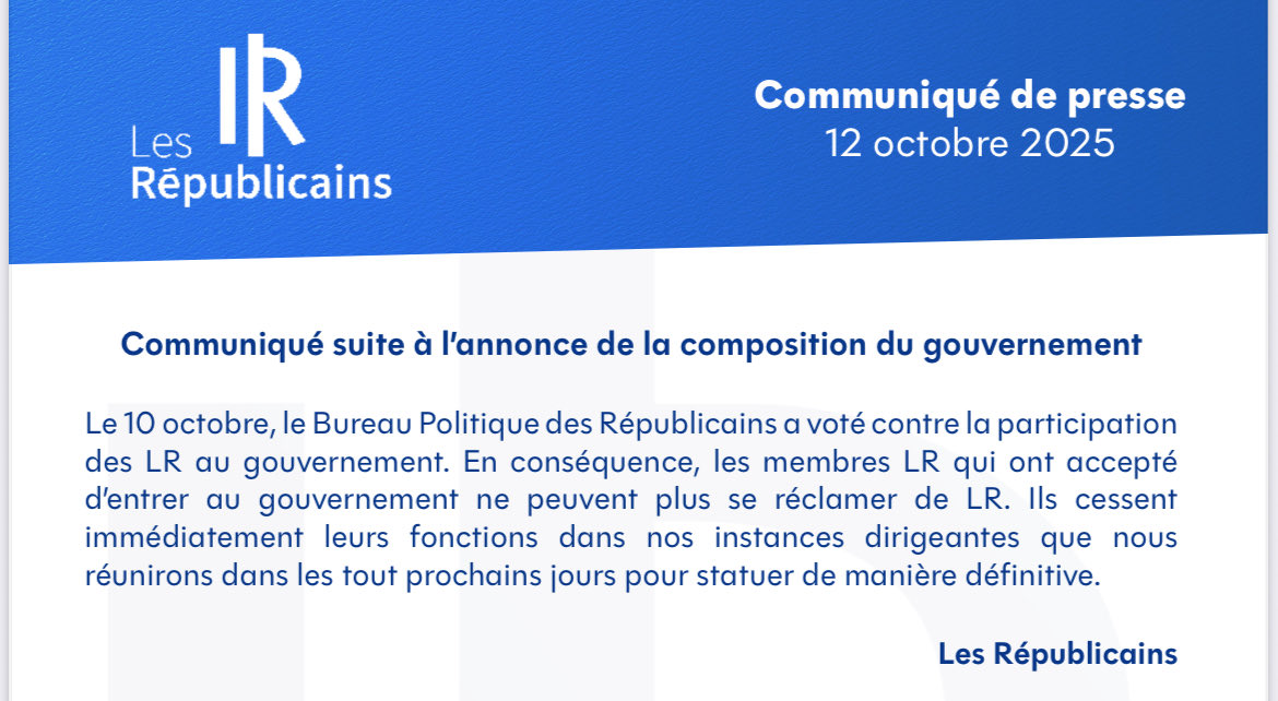 Jules Pecnard (@julespec) on Twitter photo Comme l’indique ce communiqué, les 6 ministres LR "ne peuvent plus se réclamer" du parti… mais n’en sont pas encore exclus. Ambiguïté qui oblige à trancher plus tard des cas difficiles comme Genevard, ou Philippe Tabarot dont la sœur Michèle est une figure majeure de LR
#Lecornu Comme l’indique ce communiqué, les 6 ministres LR "ne peuvent plus se réclamer" du parti… mais n’en sont pas encore exclus. Ambiguïté qui oblige à trancher plus tard des cas difficiles comme Genevard, ou Philippe Tabarot dont la sœur Michèle est une figure majeure de LR
#Lecornu