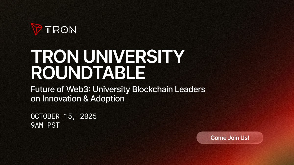 trondao's tweet image. Join us for an insightful discussion on "The Future of Web3: University Blockchain Leaders on Innovation & Adoption."
📅 October 15, 2025
🕘 9 AM PST
Hear directly from leading academic blockchain groups:
@iclblockchain | @blockchain16294 | @hublockchain | @BlockchainatCU |…