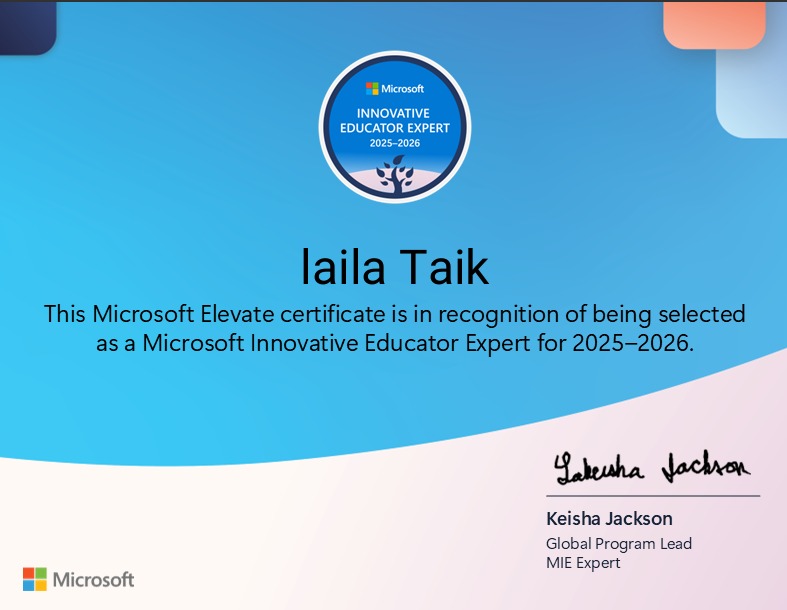 LailaTaik's tweet image. Proud moment 💫 I&apos;ve earned the Microsoft Expert title for the sixth time in a row — another milestone in my educational journey towards inspiration and excellence 💻👏

 #MicrosoftExpert 
#CreativeLearning 2025-2026 
#MIEExpert 🇲🇦
 #MicrosoftEDU #Microsoft_Morocco