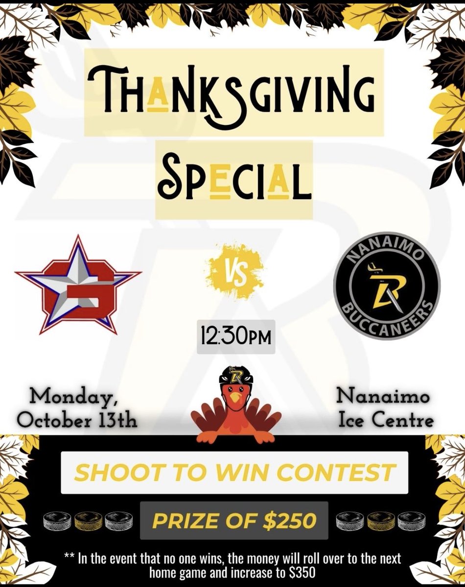 BuccaneersVIJHL's tweet photo. 🎉 Tomorrow Game Day!!! 🎉
🔥 Take $250 cash in our Shoot to Win contest or snag the jackpot as our 50/50 winner!
🍻 Enjoy the game, our beer garden, and an action-packed matchup against the  Oceanside Generals!
Let’s fill the stands and make some noise for your Buccaneers! 💛🖤 https://t.co/mFwrE9Xlw6