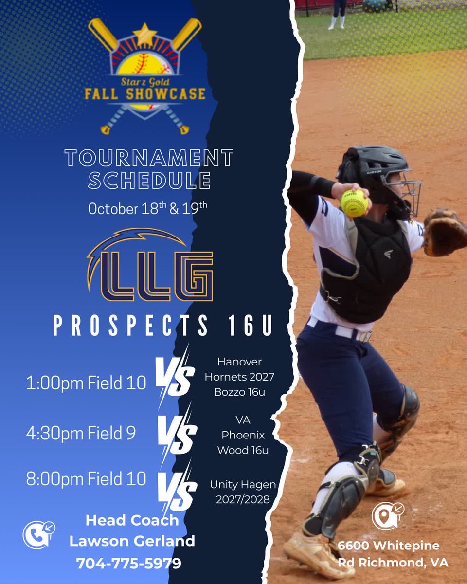 Excited to compete this weekend at the Stars Gold Fall Showcase in Richmond, Virginia!!! Come and watch us play! <a href="/Org_LLG/">Lady Lightning Gold Org Account</a> <a href="/LLGProspects16u/">LLG Prospects 16u</a> <a href="/UNCWsoftball/">UNCW Softball</a> <a href="/HokiesSoftball/">Virginia Tech Softball</a> <a href="/UVASoftball/">Virginia Softball</a> <a href="/McDaniel_SB/">McDaniel College Softball</a> <a href="/RoyalsSball/">Queens Softball</a> <a href="/PrideGCSoftball/">Greensboro College Softball</a> <a href="/softballferrum/">Ferrum Softball</a> <a href="/VWUSOFTBALL/">Va Wesleyan Softball</a> <a href="/Pitt_SB/">Pitt Softball</a> #AllGoldAllGrind