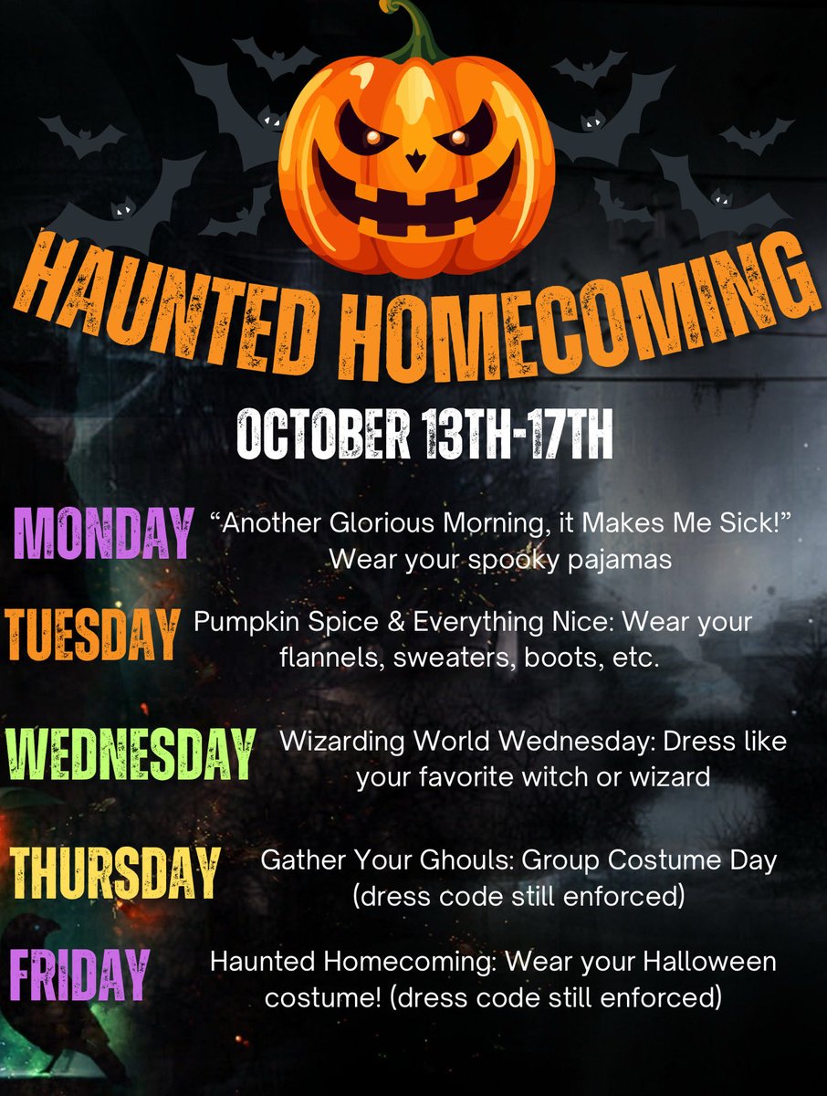 📣🐊 It’s Haunted Homecoming Week at LCMS! 🐊📣
Don’t miss out—show your Gator pride and dress up! 💚🖤🧡 

REMEMBER: House points will be awarded &amp; pictures will be taken. 

#HauntedHomecoming #OneGatorNation #TheSwamp #LCMS #TeamDCS