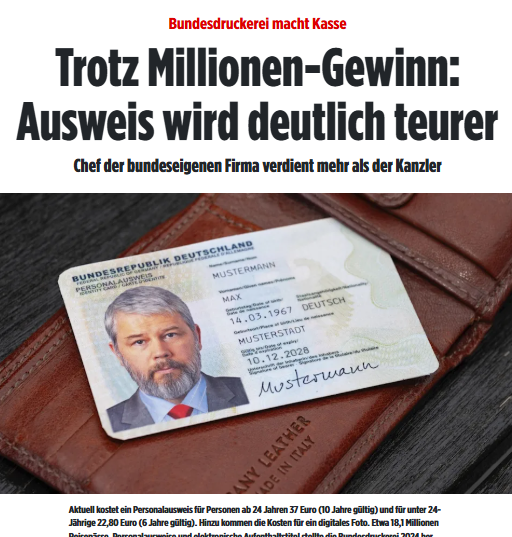 Stellt euch vor, ihr seid z. B. Durchschnittsrentner oder Geringverdiener und habt vielleicht so um die 500 Euro monatlich zur freien Verfügung, nach Abzug von Miete und anderen Fixkosten.

Und dann kommen die ernsthaft und verlangen fast 10 % davon für einen Personalausweis,