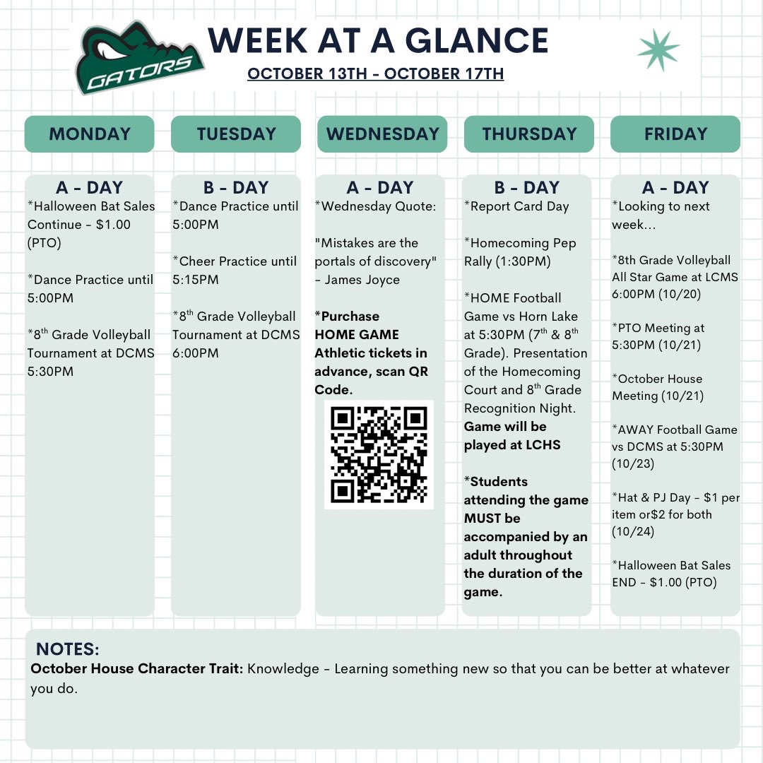 Happy Sunday!

Here’s what’s happening at LCMS this week! (October 13th - October 17th). 

#OneGatorNation #TheSwamp #LCMS #TeamDCS