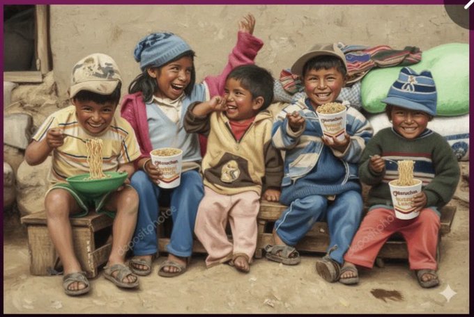 Five young children of various ages sit closely together on a wooden bench outdoors near a rustic adobe wall with hanging clothes and sacks in the background. They wear colorful casual clothing including hats, sweaters, and shorts, and hold white plastic cups filled with yellow instant noodles, some using forks to eat while smiling and laughing joyfully. The image has visible watermarks indicating AI generation.