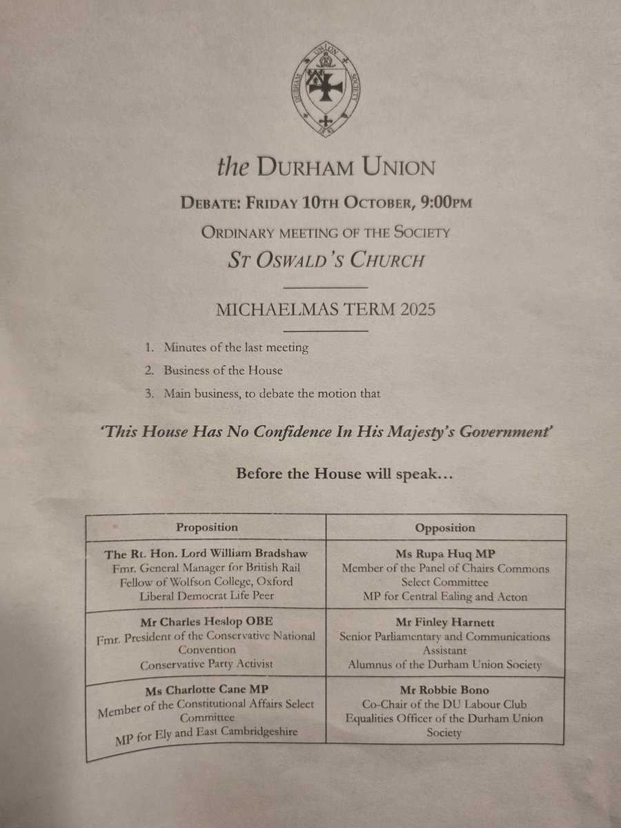 It was an honour to be invited by the <a href="/durhamunion/">The Durham Union</a> to speak in opposition to the motion ‘This House Has No Confidence In His Majesty’s Government’. 

Proud to make the case for our Labour Government’s record and its mission of national renewal alongside <a href="/RupaHuq/">Rupa Huq MP</a> &amp; <a href="/robbieee04/">Robbie Bono</a>. 🌹