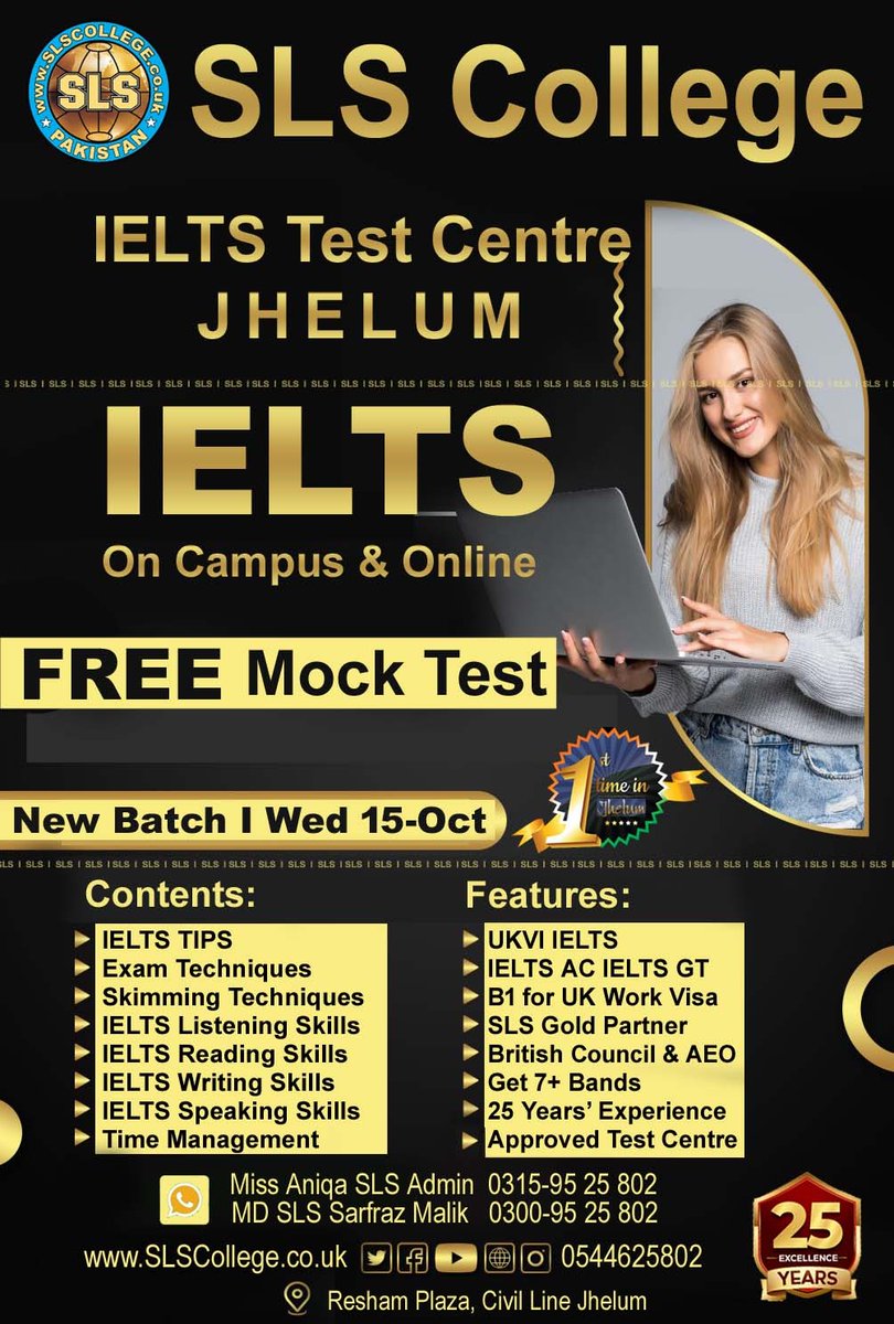 SLS_college's tweet photo. 🎓 IELTS Test at Jhelum — 25th Oct!
Limited seats available — join the new batch starting Monday!
Get Free Mock Tests &amp; expert guidance at SLS College Jhelum, an IELTS Approved Test Centre 🇬🇧

📞 +923009525802 | 🌐 https://t.co/8pMJGL9UbF
#IELTSJhelum #SLSCollege #Jhelum https://t.co/ylOe8NXQtG