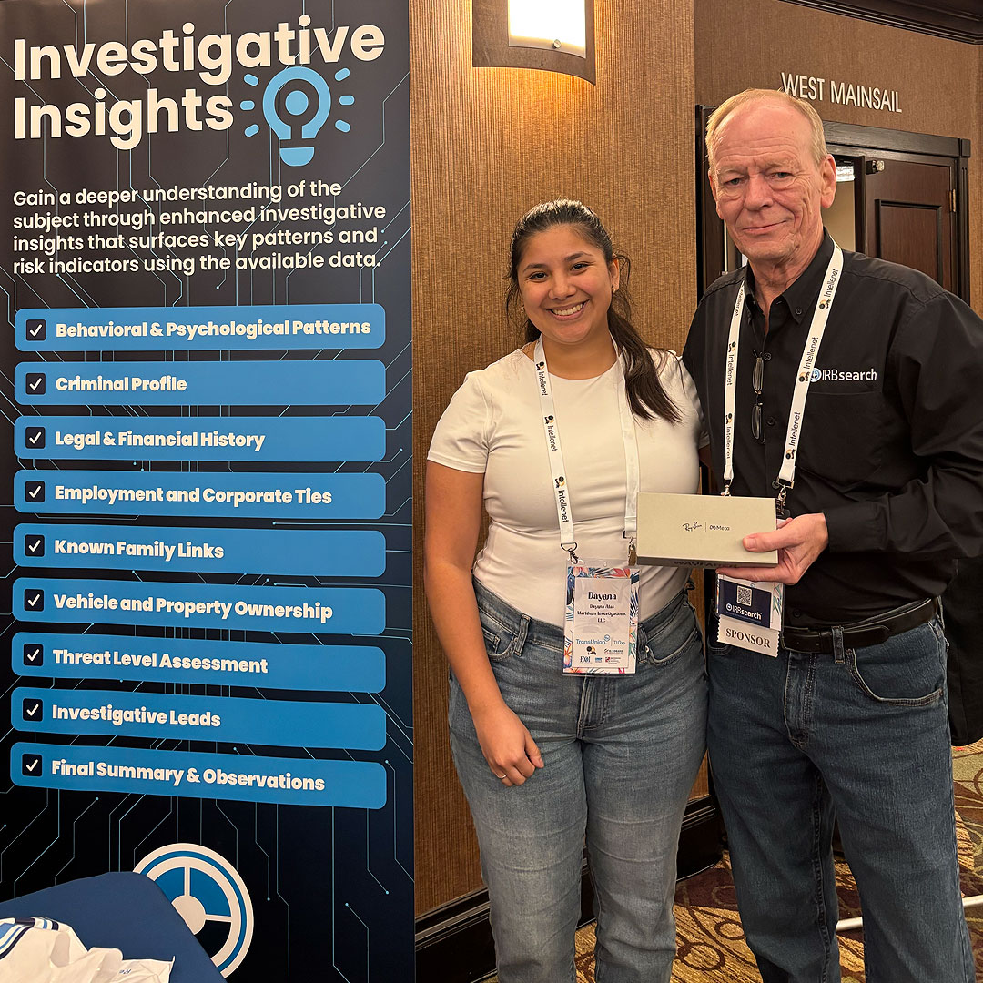 Congratulations to Dayana Alas of Markham Investigations, winner of IRBsearch’s Ray-Ban Meta Wayfarer Glasses Giveaway at the Texas Association of Licensed Investigators Conference.

#TALI2025 #IRBsearch #InvestigativeProfessionals