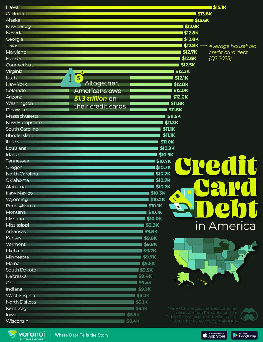 VisualCap's tweet image. Ranked: U.S. States With the Highest Credit Card Debt 💳

visualcapitalist.com/ranked-u-s-sta…