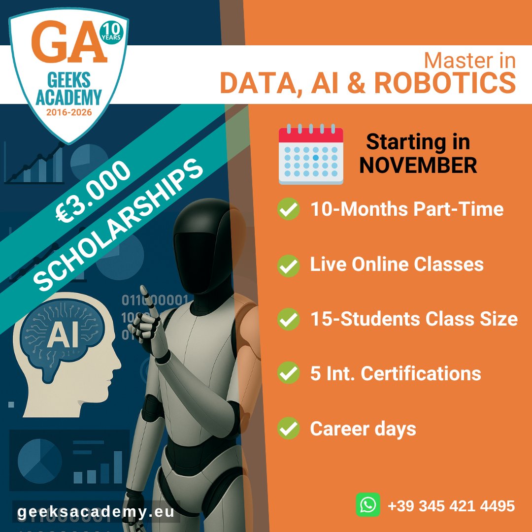 GeeksAcademyEu's tweet image. Geeks Academy turns 10 and offers 10 #scholarships worth €3,000.
Master in Data, AI & #Robotics: 5 certs, live online, #career coaching, #JobInterviews.
Specialize in #AI, #DataAnalysis, #DataStorytelling or #DataProtection.
Starting in November
is.gd/Master_eng_Dat…