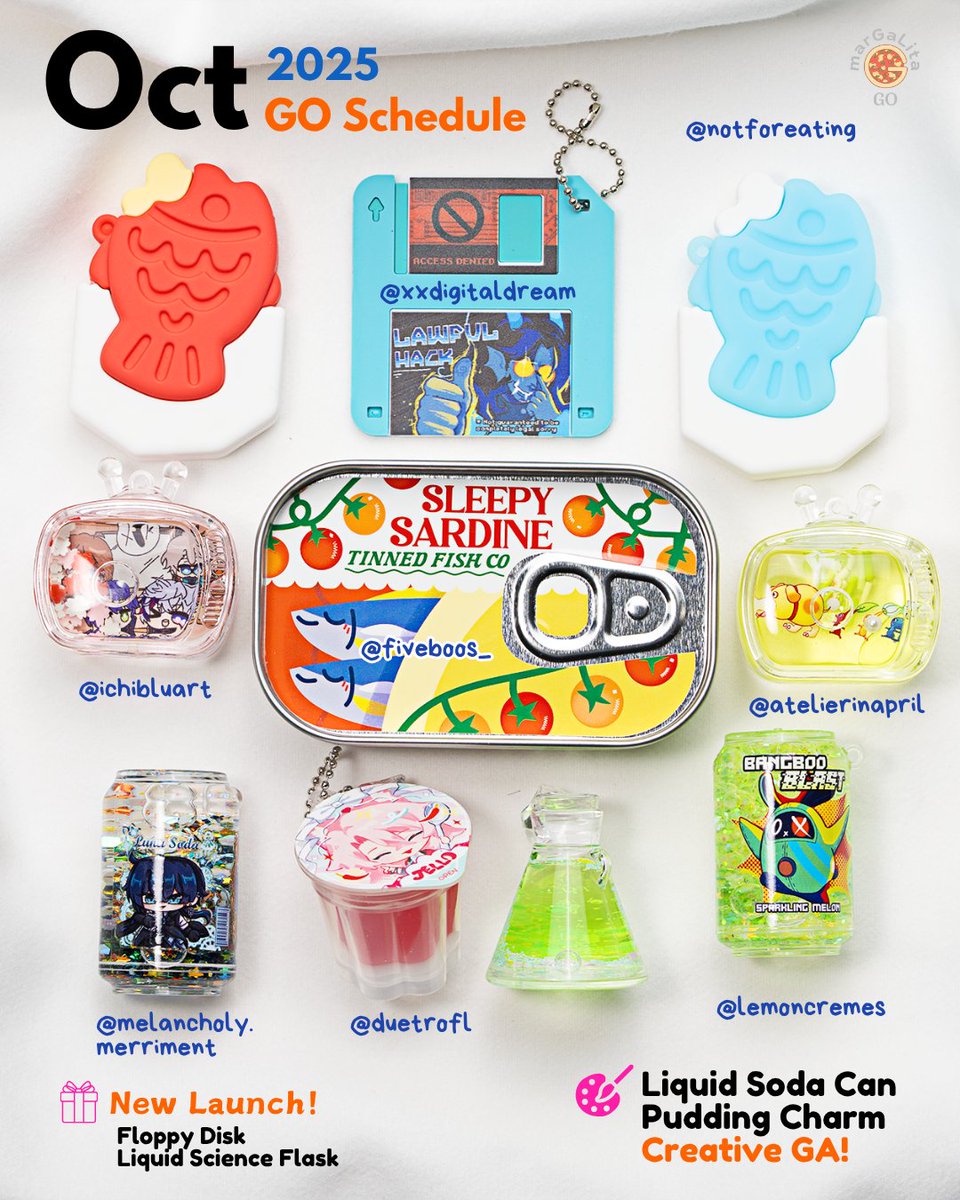 🌈📅 October GO Schedule &amp; GA! 📅🌈
New Floppy Disk Charm, Liquid Flask, the continuation of the Soda Can &amp; the return of Pudding Charm!

⏰ Ends: Oct 19th
🏆 1 Winner: A $30 Coupon!

📌 To Enter:
1️⃣ Follow <a href="/margalita_go/">marGaLita 🖌️✨ Group Order</a>
2️⃣ Like &amp; RT

🧵Full sched in thread
🛒 L1nk in b1o~
