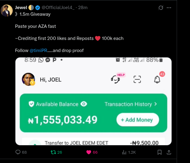2pureO's tweet photo. @OfficialJoel4_ @timiPR 8125931967. oPAY MARVELLOUS I HAVE FOLLOWED AND REPOST SIR @OfficialJoel4_ https://t.co/JJiLKx1646
