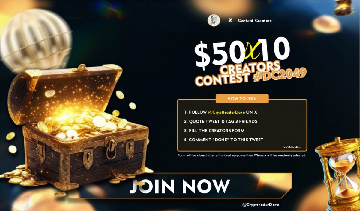 CrypttraderDave's tweet photo. 🏅 GIVEAWAY 💰 
🚨 CREATORS CONTEST IS LIVE! 🚨

We’re looking for the next wave of creators repping their favorite projects with style.

TOPIC/TWEET AIM:
Use your content to show why your chosen project stands out.
Be real, creative, or funny — your choice.

HOW TO JOIN:
1. 🎨 Quote tweet/thread this Post with your content.:; Meme it, explain it, remix it — your vibe, your rules.

2. 💬 Tag the project you’re repping + use its ticker ($)

3. 👥 Tag 3 friends who should join too, LIKE and comment "Done"

4. LIk✍️ Fill the form: https://t.co/XIM2IWYJQM

Requirements= Minimum of 100 followers 

🎯 Judged by creativity, effort & reach
🕓 Starts Now | Oct 12 
Ends after 100 Responses 

Let’s see who the real Creators/storytellers in crypto are 👀✨

#Giveaway #Creators #DC2049 #influences #GhostWritters