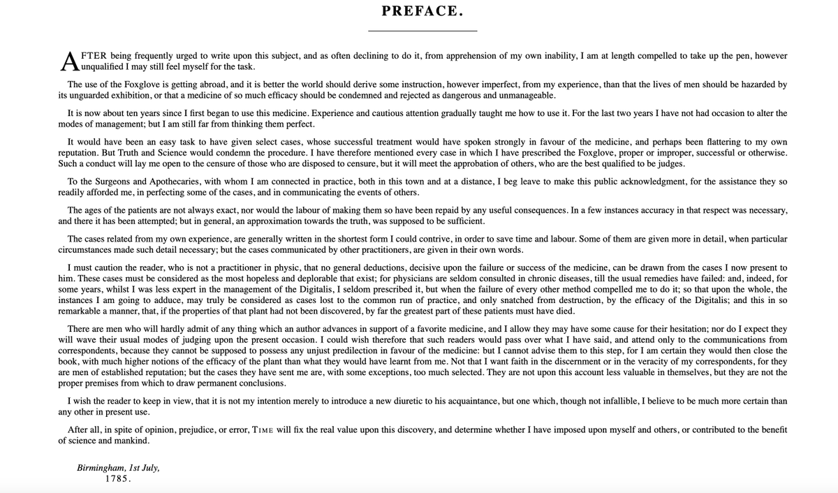 this 1785 paper by william withering is probably one of my favorite medical documents for its extreme intellectual honesty. it is also probably the first systematic documentation of dose-response relationships in medicine.

i'll quote one of my favorite paragraphs here but the