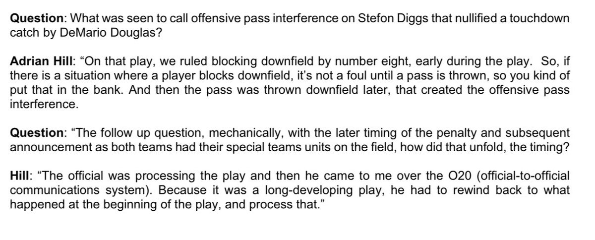 MikeReiss's tweet image. Pool report with referee Adrian Hill on OPI call on Stefon Diggs that negated Pop Douglas’ TD catch, and why it came late.