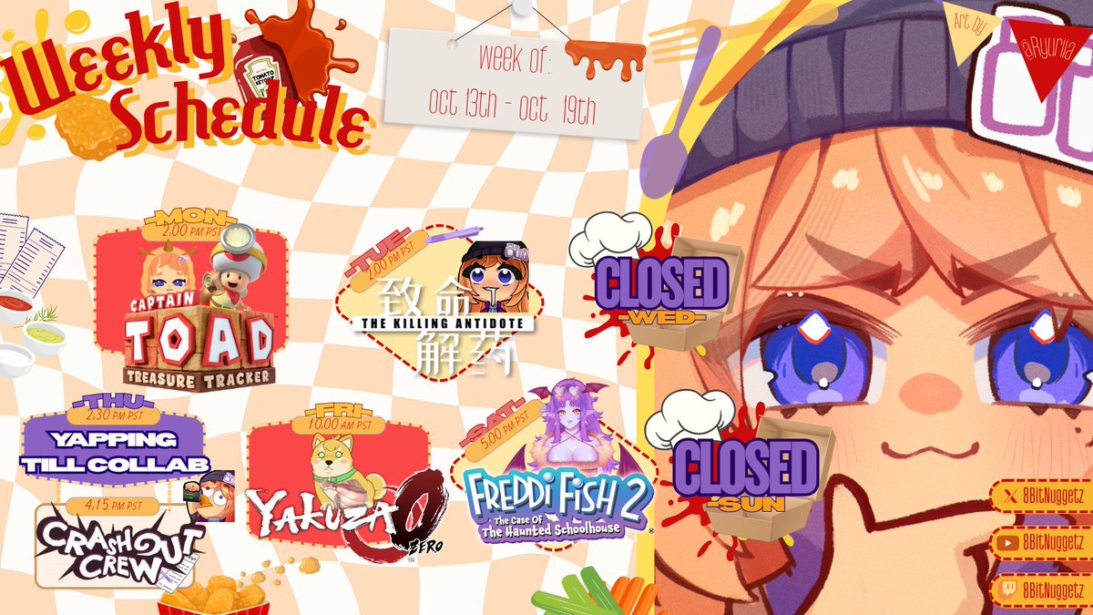 🍗Chicken Nuggie Vtuber🍗 with a side of THIGHS~ (@8bitnuggetz) on Twitter photo 🍗DING DING DING!! 5 DAY WEEK!!! 🍗
🧡Monday: THE LAST OF CAPTAIN TOAD!?
💚Tuesday: WHY DO I LIKE THIS GOONER ZOMBIE GAME-
💙Thursday: CHATTING THEN JOINING THE CRASHOUT CREW~
❤️Friday: <a href="/Pup_Mango/">🐶🥭Mango 🥭🐶 SHIBA VTUBER</a> TEACHES ME YAKUZA
💜Saturday: <a href="/DiscoDiscoDG/">Disco Disco Devil Girl 【Opokai】 🪩✨</a> AND I GO TO HAUNTED SCHOOL AHHH- 🍗DING DING DING!! 5 DAY WEEK!!! 🍗
🧡Monday: THE LAST OF CAPTAIN TOAD!?
💚Tuesday: WHY DO I LIKE THIS GOONER ZOMBIE GAME-
💙Thursday: CHATTING THEN JOINING THE CRASHOUT CREW~
❤️Friday: <a href="/Pup_Mango/">🐶🥭Mango 🥭🐶 SHIBA VTUBER</a> TEACHES ME YAKUZA
💜Saturday: <a href="/DiscoDiscoDG/">Disco Disco Devil Girl 【Opokai】 🪩✨</a> AND I GO TO HAUNTED SCHOOL AHHH-