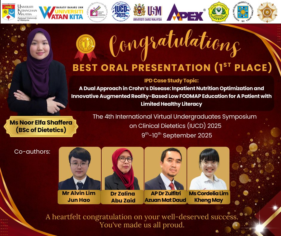 UNDERGRADUATE STUDENTS ACHIEVEMENT IN THE 4TH INTERNATIONAL VIRTUAL UNDERGRADUATES SYMPOSIUM OF CLINICAL DIETETICS 2025- “NUTRITION SUPPORT THE CORNERSTONE OF CRITICAL CARE”

Heartiest congratulations to :

#medicupm #fpskupm