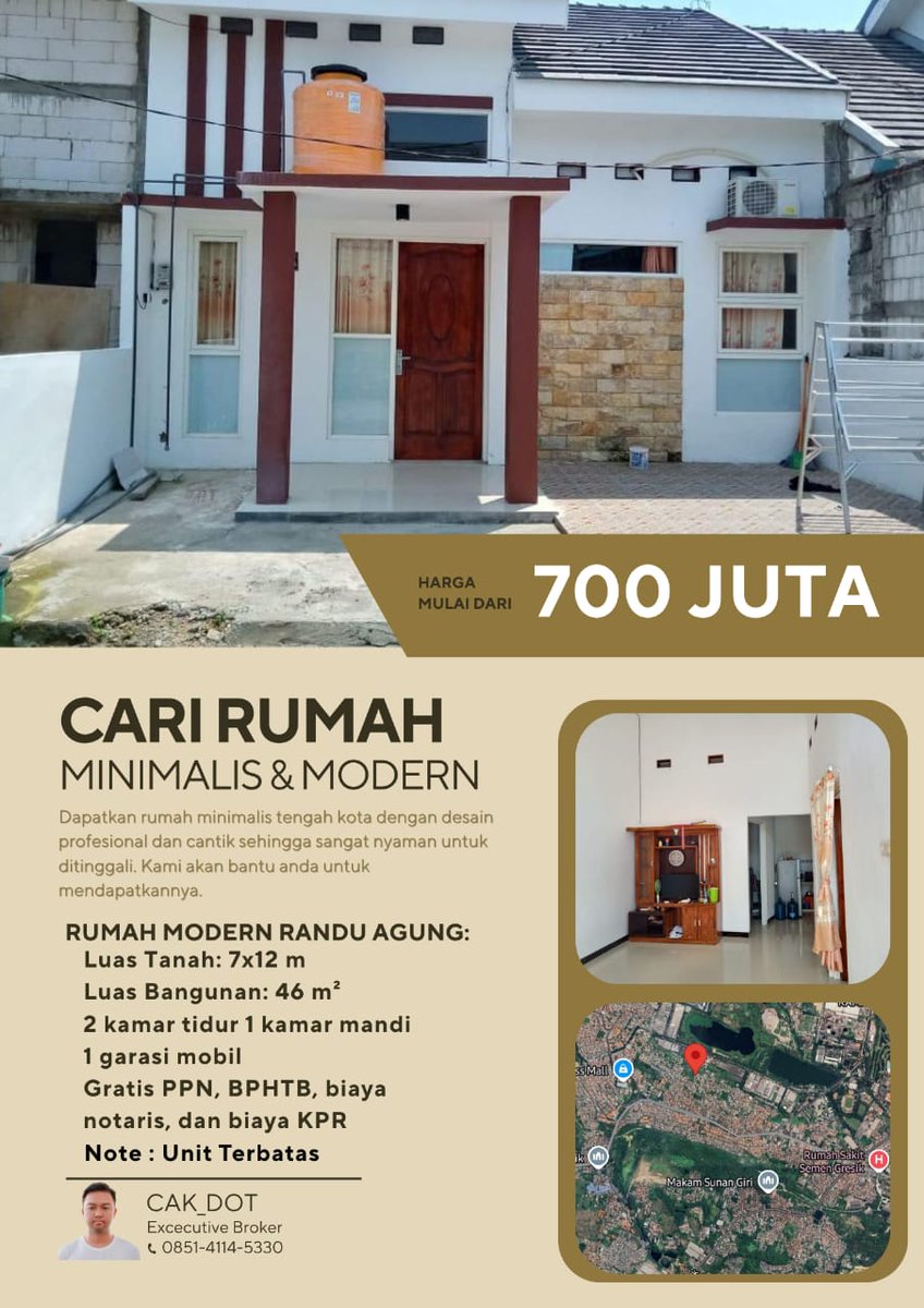 CakDoot's tweet image. Jual Rumah Baru 
Rumah Baru
Spesifikasi :
️✅Luas Tanah 7 x 12 meter
✅️Air Bersih Sumor Bor 
✅Kamar Tidur  2
✅Kamar Mandi 1
✅Dapur 
✅Jendela Aluminium 
✅️ Car Port 
Rp.700jt 
Gratis : PPN, BPHTB, BIAYA NOTARIS, DAN BIAYA KPR
#jualproperti #Property #gresik