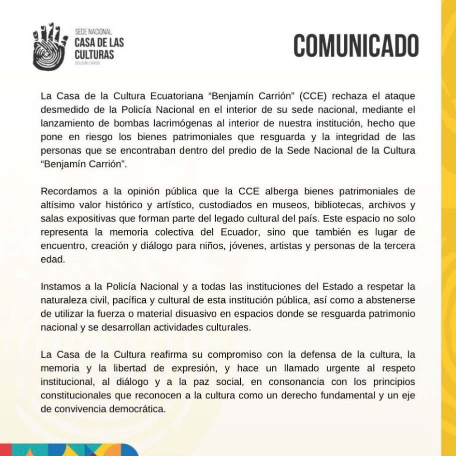 #ATENCIÓN | La Casa de la Cultura Ecuatoriana "Benjamín Carrión", mostró su rechazo por el ingreso y uso de bombas lacrimógenas por parte de la Policía Nacional dentro de su sede en #Quito, durante las protestas del #ParoNacional2025.