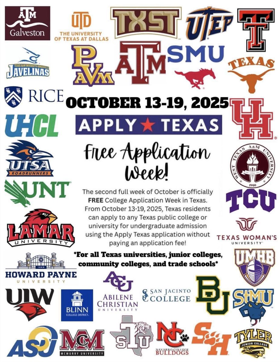 Exciting news for high school seniors in Texas! For the first time, Texas is launching a Free College Application Week from October 13 to 19, 2025. During this week, Texas residents can apply for free to any public college or university in the state for undergraduate #admission.