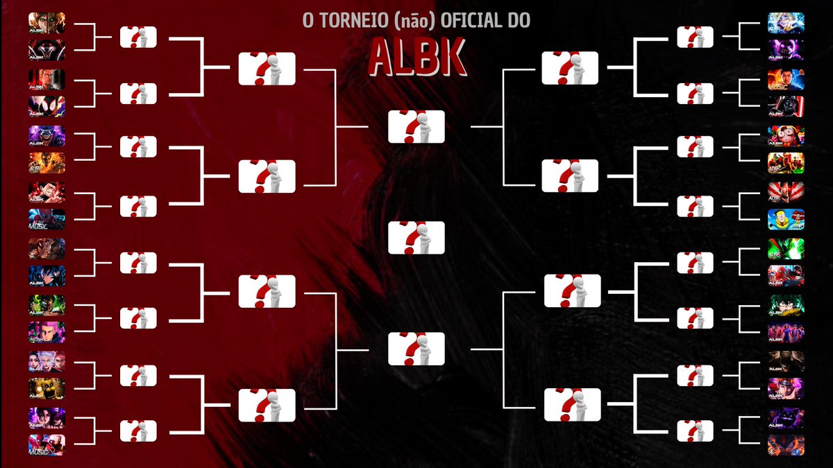 HOJE começa O TORNEIO das músicas do ALBK

regras:
- mata-mata, 32 embates (64 músicas) com DUAS tabelas
- duas enquetes por dia (1 de cada) até chegar nas quartas
- ffa das semis pelo 3° lugar

*a ÚNICA msc que não tá  é a 1° do Homem-Aranha Superior, já que ela teve remake