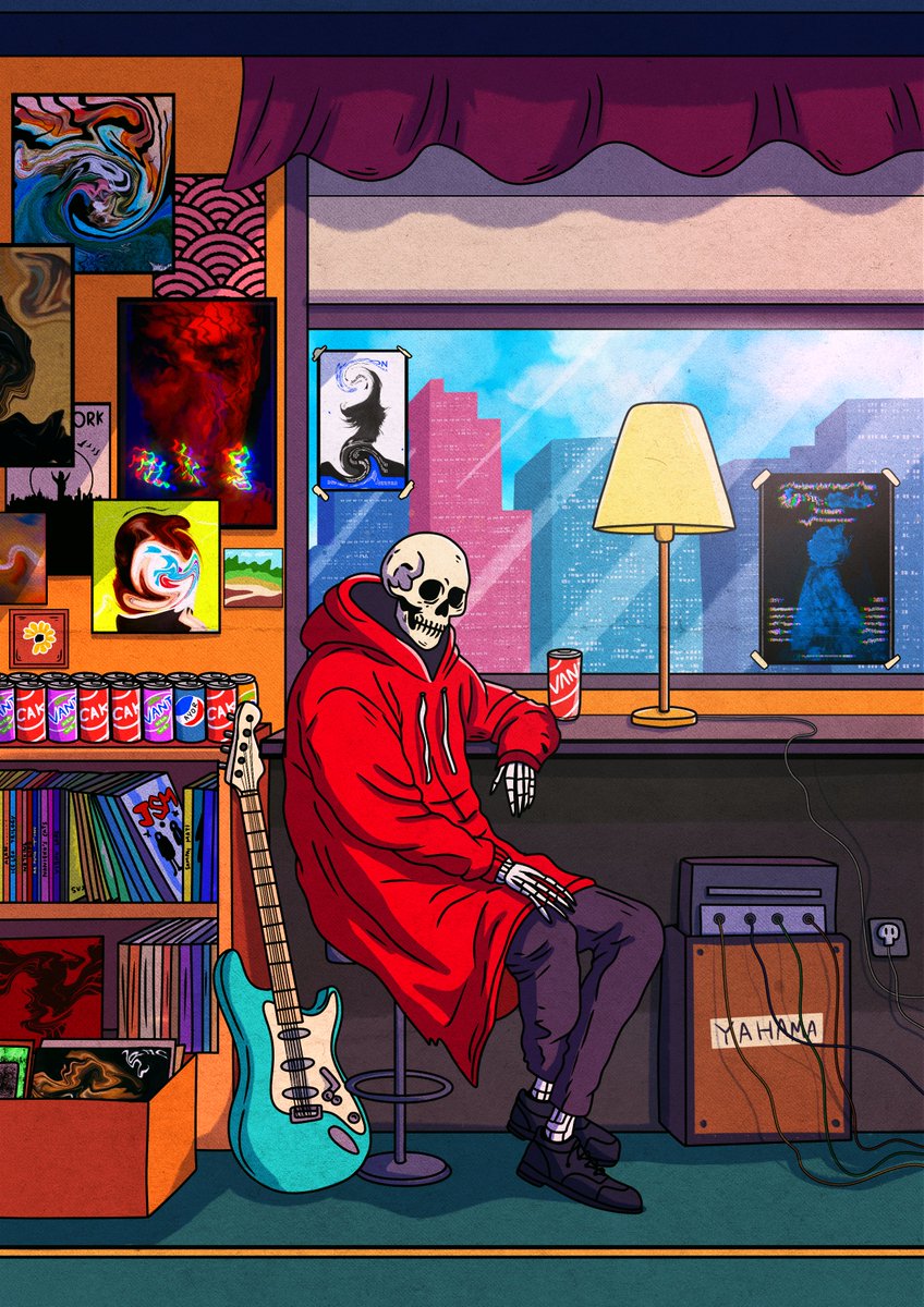 Lofi Bones

Electric teal, crimson threads, A tune from where the silence treads.  The amp's unplugged, yet sound survives, In every color his past revives.