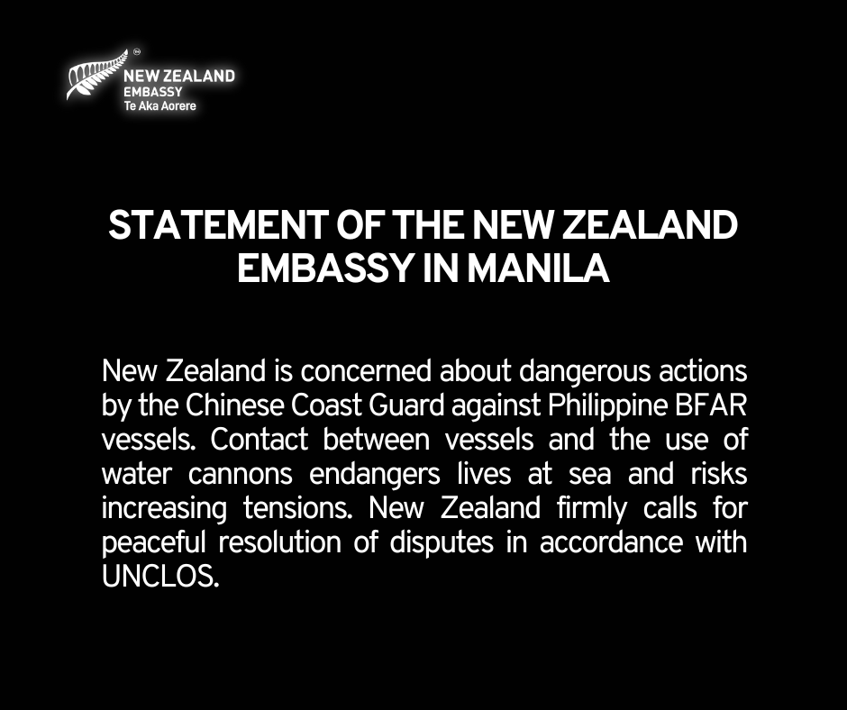 🇳🇿 is concerned about dangerous actions by the Chinese Coast Guard against 🇵🇭 BFAR vessels. Contact between vessels &amp; the use of water cannons endangers lives at sea and risks increasing tensions. 🇳🇿 firmly calls for peaceful resolution of disputes in accordance with UNCLOS.