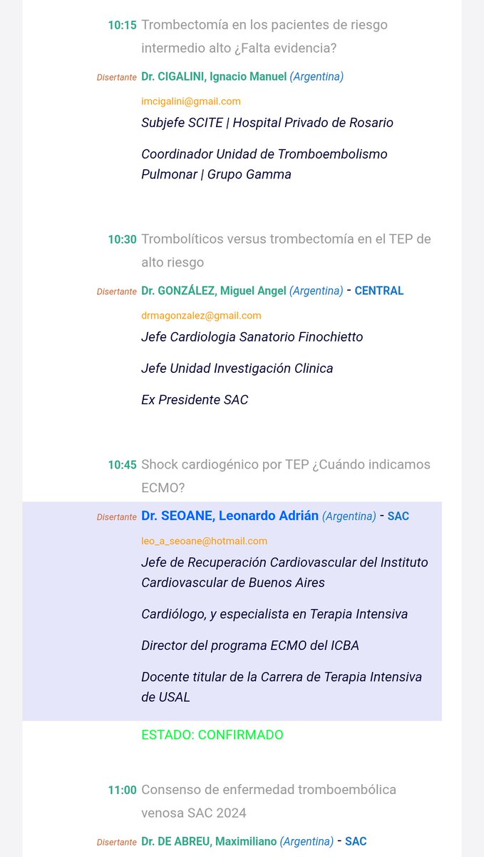 Semana de congreso <a href="/SAC_54/">Sociedad Argentina de Cardiología</a>, y coord. de Cardiología en UTI USAL, con actividad de lun a vie:
-Lun: Compl. en RCV. UTI USAL
-Martes: Evidencia en ACM en Precongreso <a href="/ICBAonline/">ICBA Instituto Cardiovascular</a> 
-Mie: Manejo farmacológico de SC en <a href="/SAC_54/">Sociedad Argentina de Cardiología</a> 
-Jue: ECMO en TEP en <a href="/SAC_54/">Sociedad Argentina de Cardiología</a> 
-Vie: SC en UTI <a href="/USalvador/">Univ. del Salvador</a>