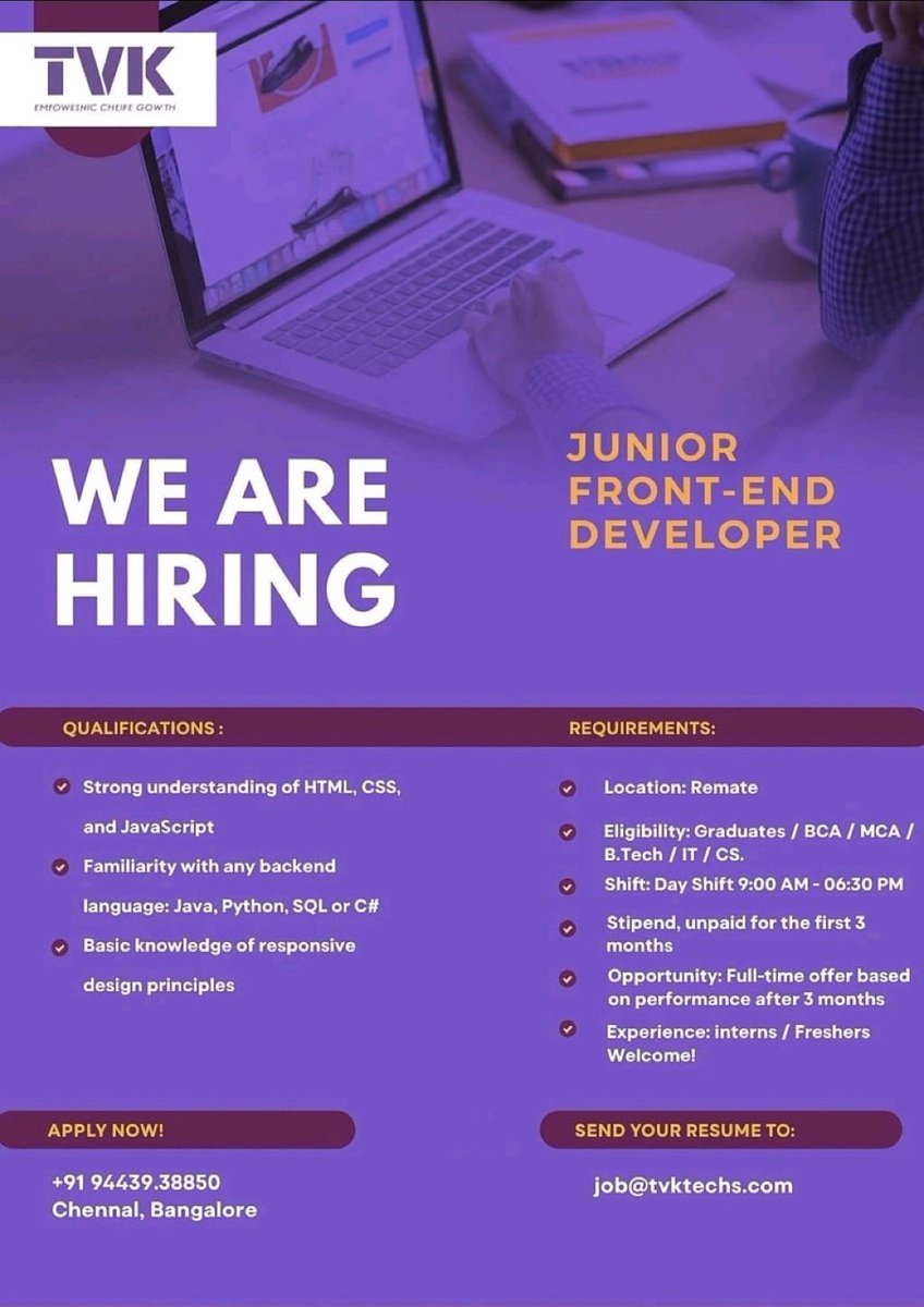 21sparksacademy's tweet image. சென்னை மற்றும் பெங்களூரில் Front end Developer வேலைவாயப்பு.

Work: Remote 

#Jobs