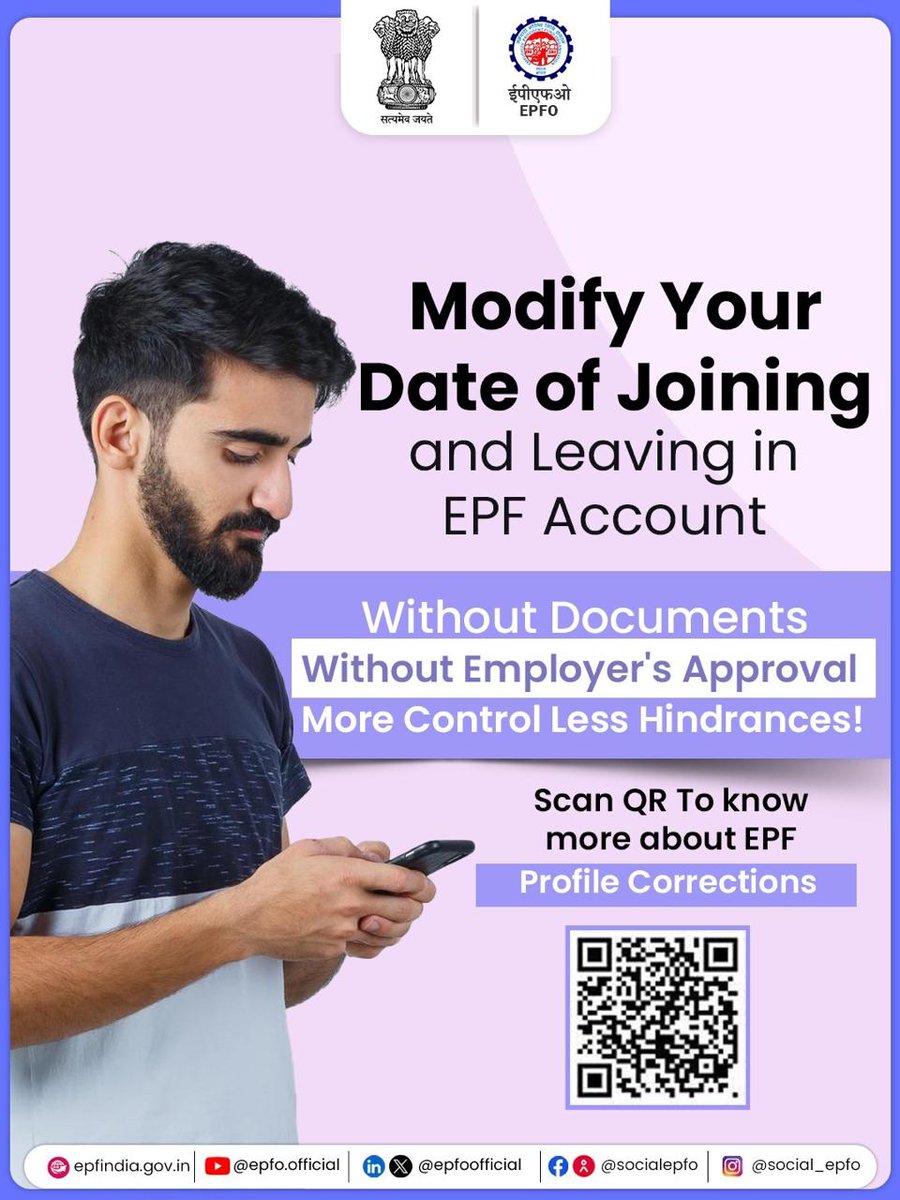 officialepfo's tweet photo. Joining date wrong? Exit date missing? 
No worries — you’re in charge now! 
Update your Date of Joining & Date of Exit in your EPF account — all by yourself, anytime, anywhere! 

#EPFO #EPFOWithYou #HumHainNa #ईपीएफओ
@mansukhmandviya @ShobhaBJP @MIB_India @PIB_India @LabourMinistry @PMOIndia @narendramodi @mygovindia
